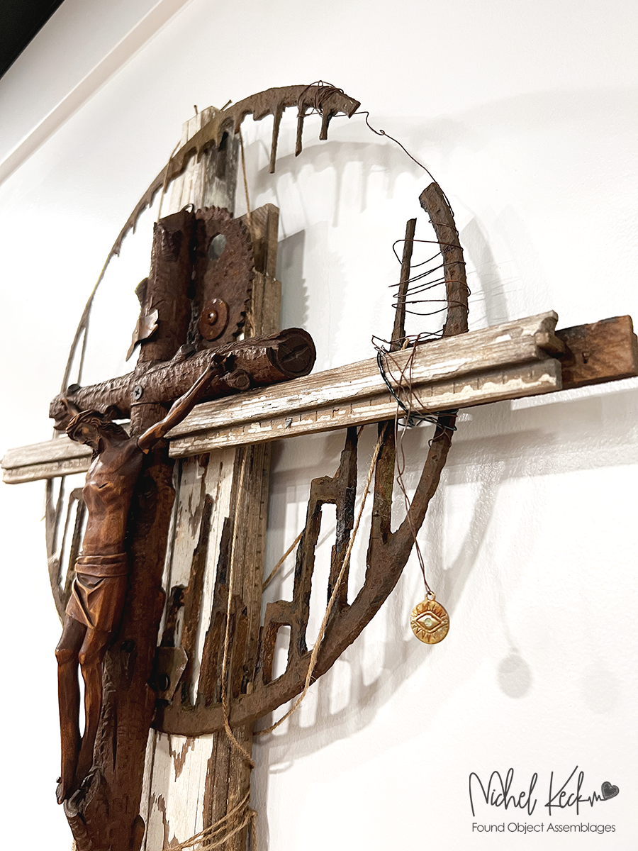 wood jesus, altered cross art, found object cross