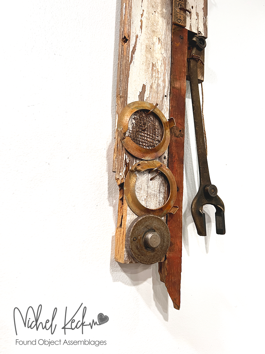 wood and metal found object art, vintage rustic cross