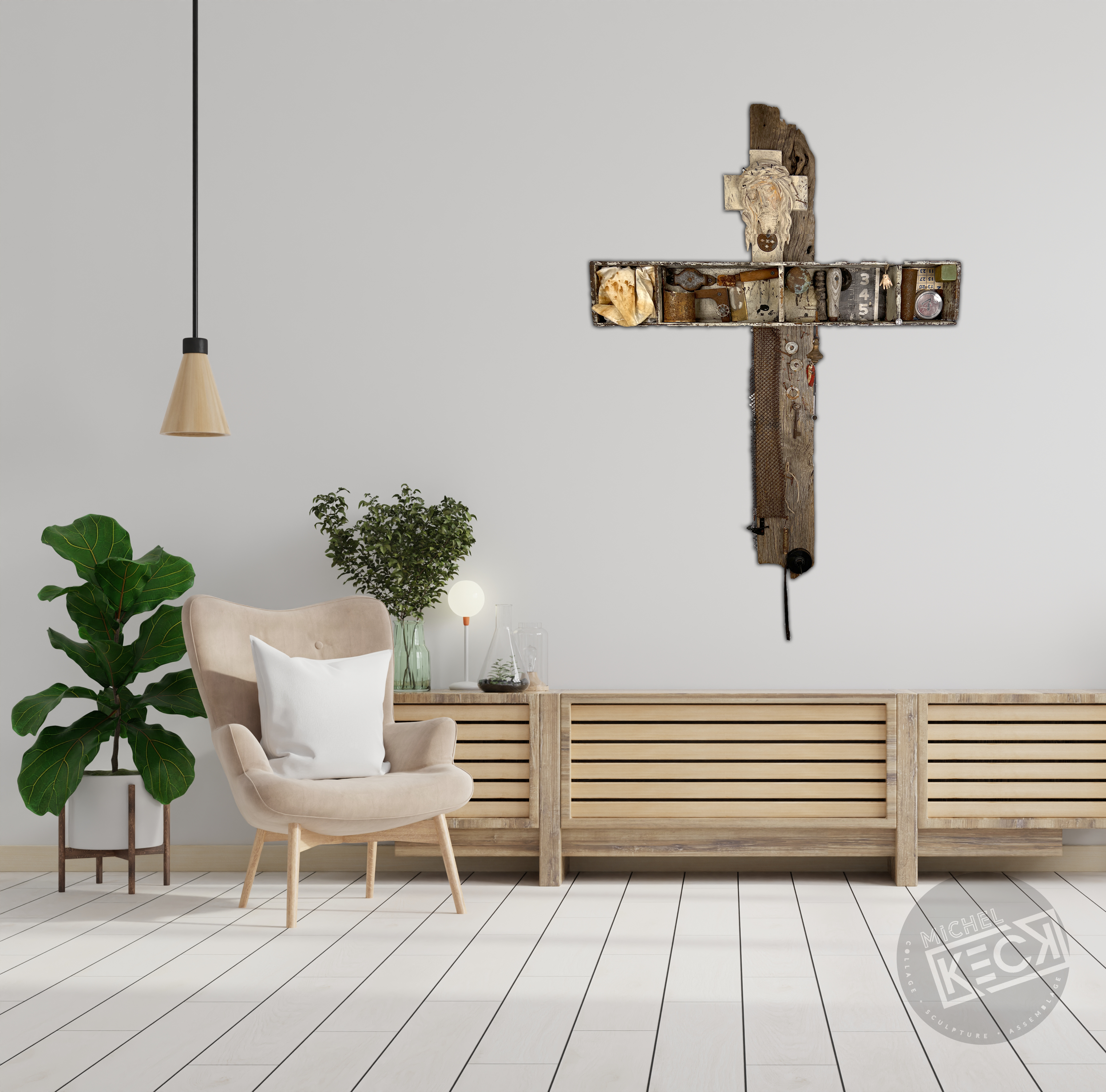 Mixed Media Cross Assemblage. Found Object Art Gallery Online.  Upscale contemporary found object cross art