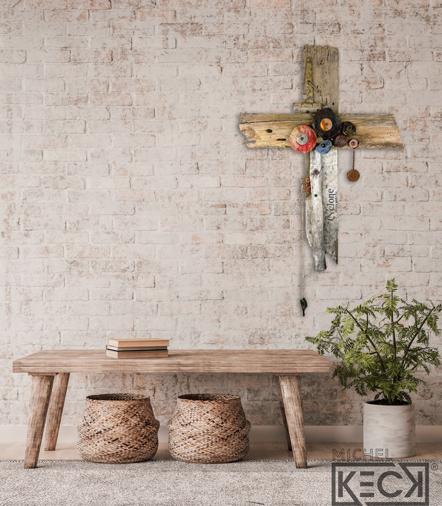 Beautiful, one of a kind cross art assemblages that are crafted by hand by artist Michel Keck by assembling discarded items and found objects.  
