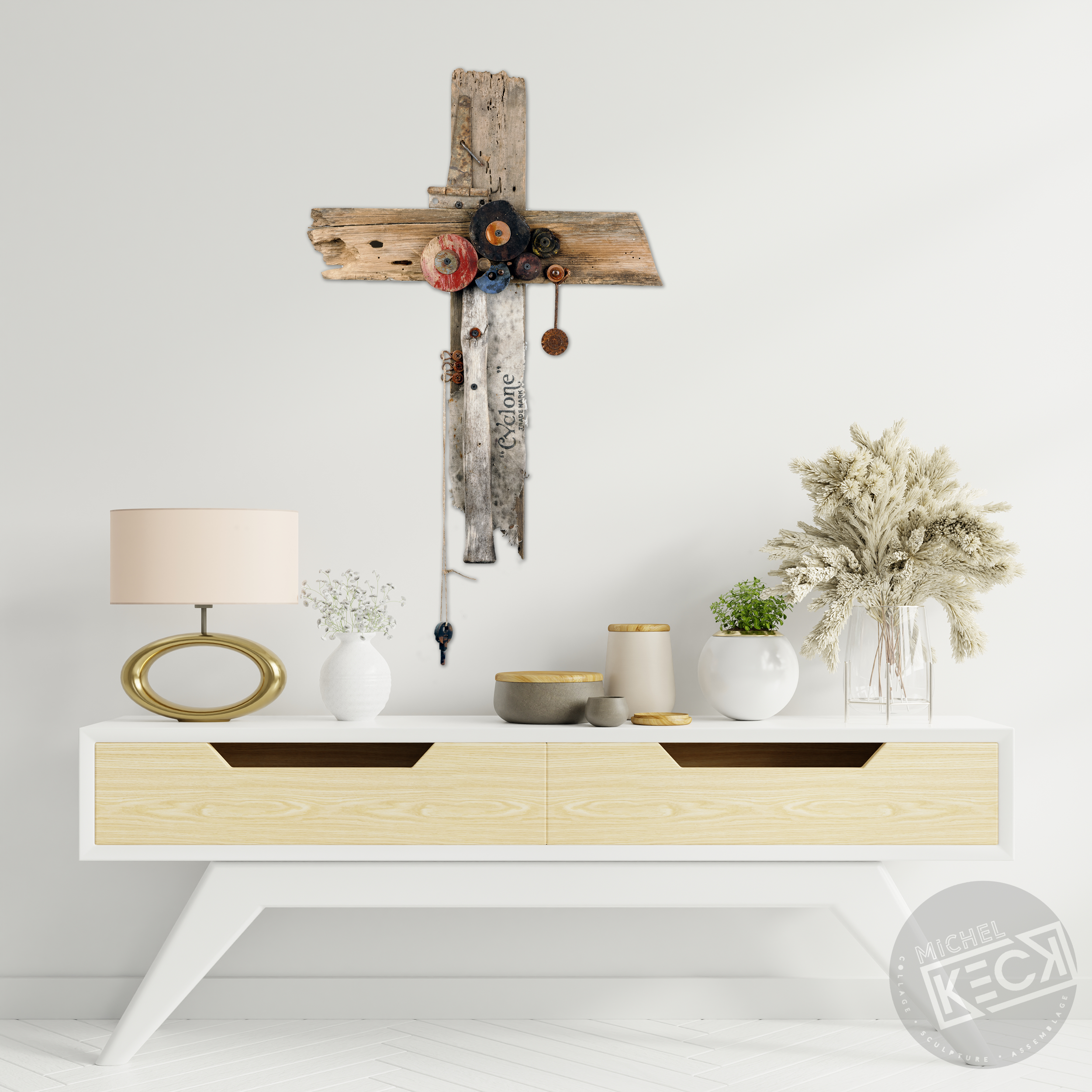 Gallery of Found Object Cross Art made by Michel Keck.  Keck creates one of a kind cross wall art assemblage by combining discarded items and recycled materials into stunning one of a kind crosses. 