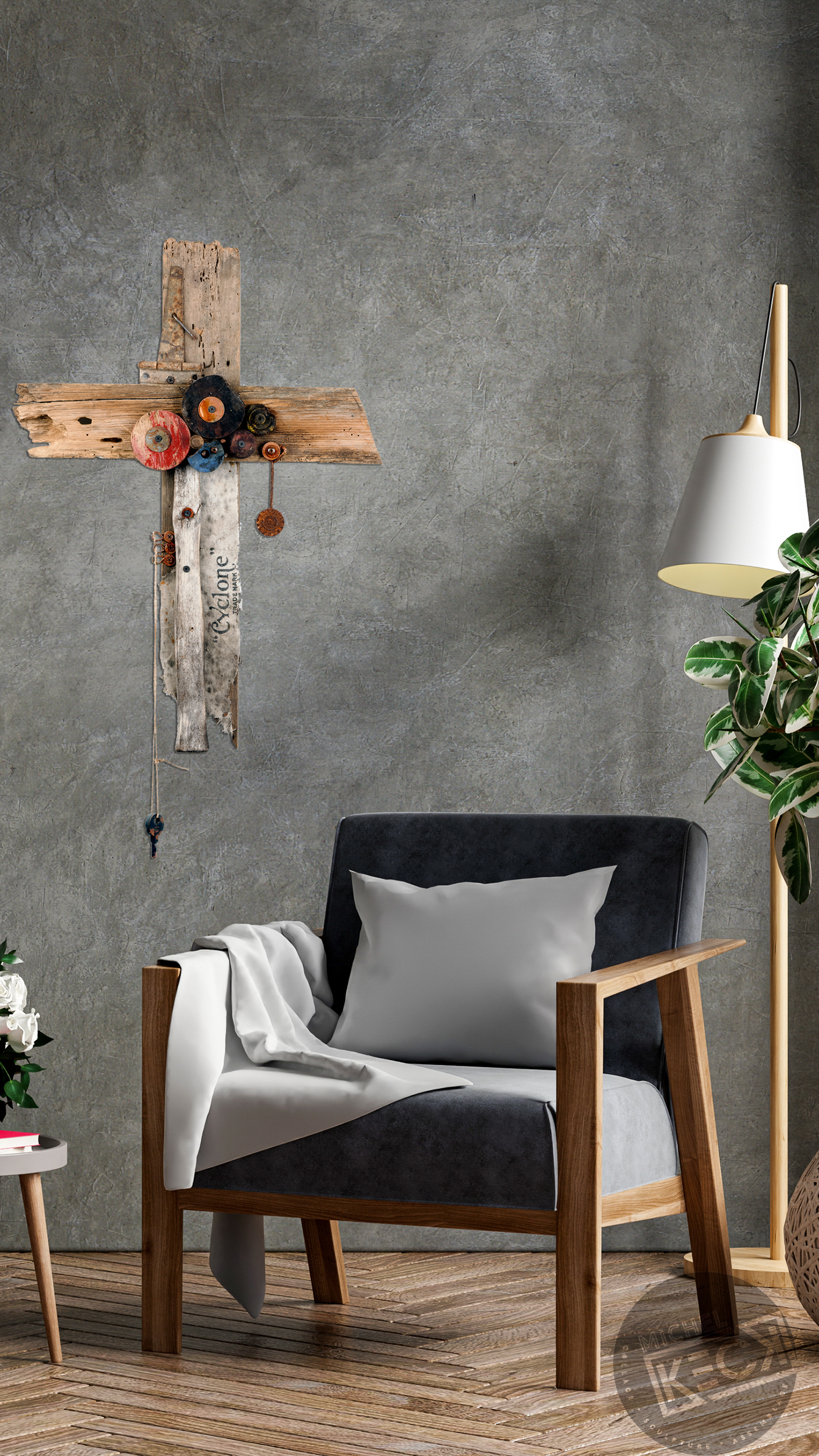 3 dimensional cross art assemblages for  your home by artist Michel Keck .