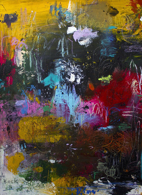 A vibrant abstract canvas art print featuring a complex mix of colorful brushstrokes and forms.