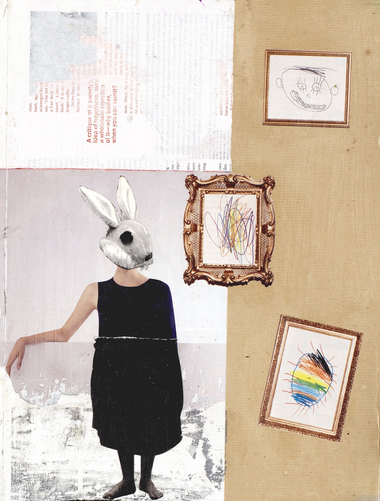 A collage mixed media art print featuring a person with a rabbit mask, various frames, and abstract elements on a beige background.