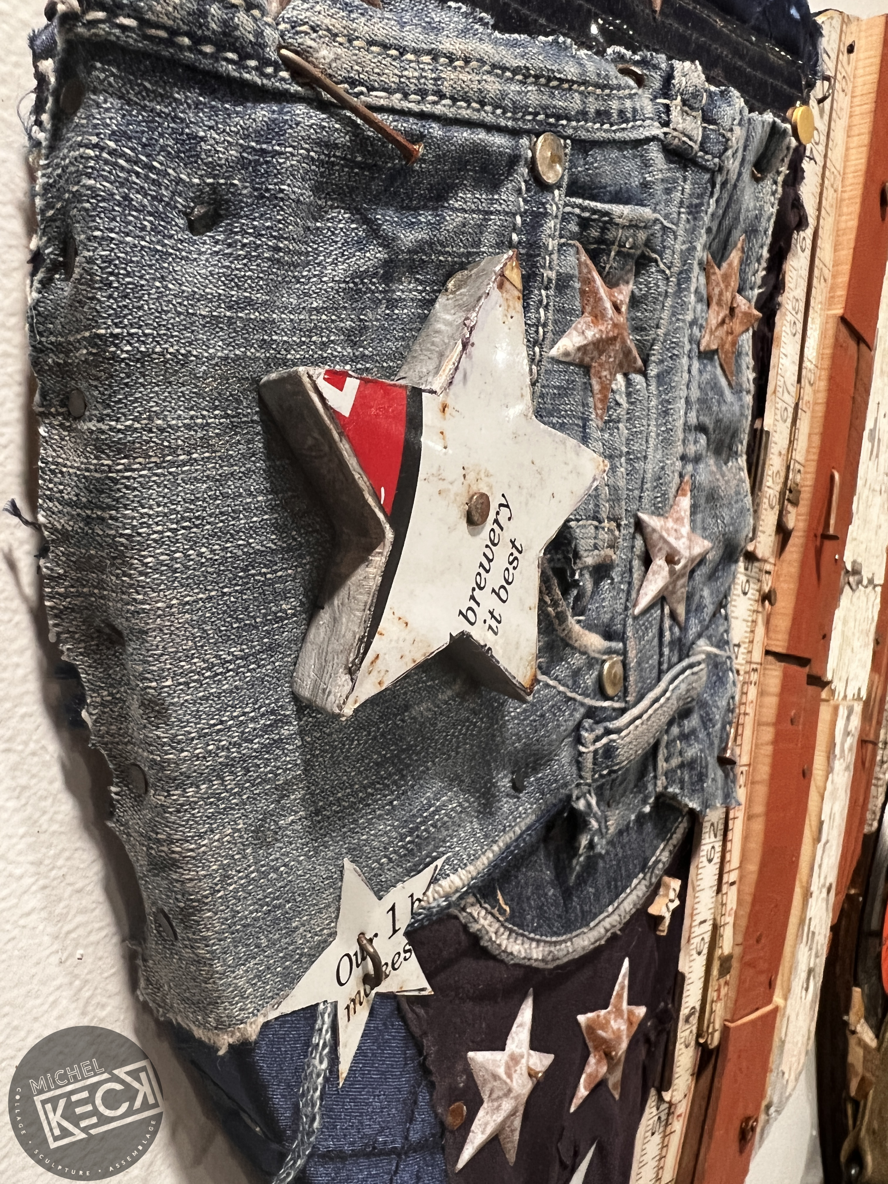 AMERICAN FLAG HEART ART ASSEMBLAGE OF ARTIST MICHEL KECK. Keck makes one of a kind heart art by assembling found and discarded objects. 
