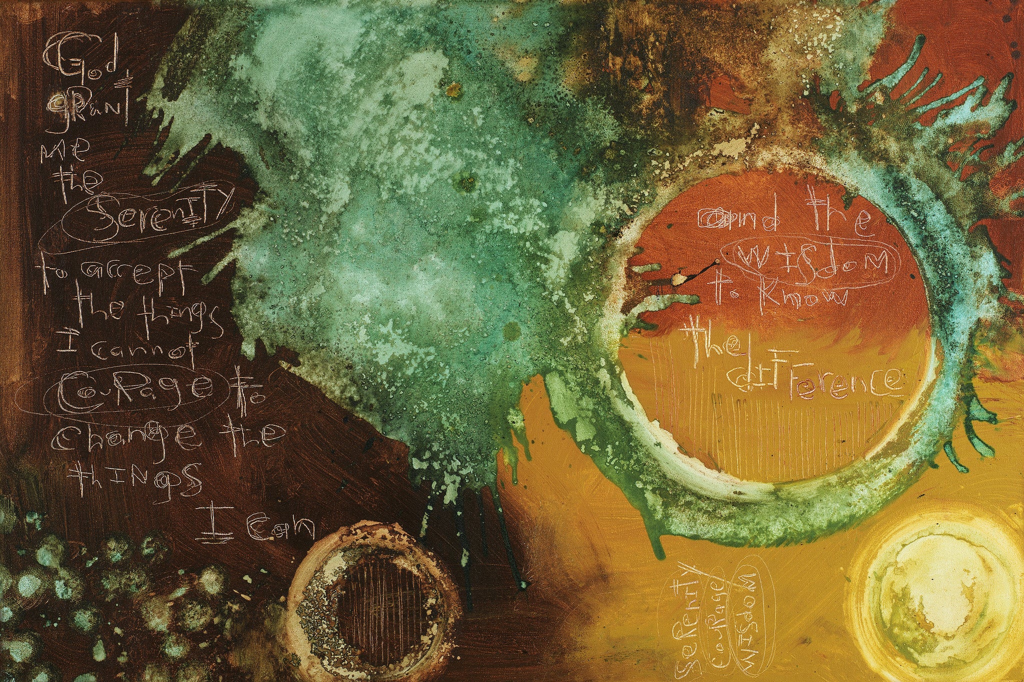 Michel Keck has been scrawling and embedding The Serenity Prayer into her abstract paintings for over two decades.   Her serenity prayer abstract art paintings have been collected all around the world.  