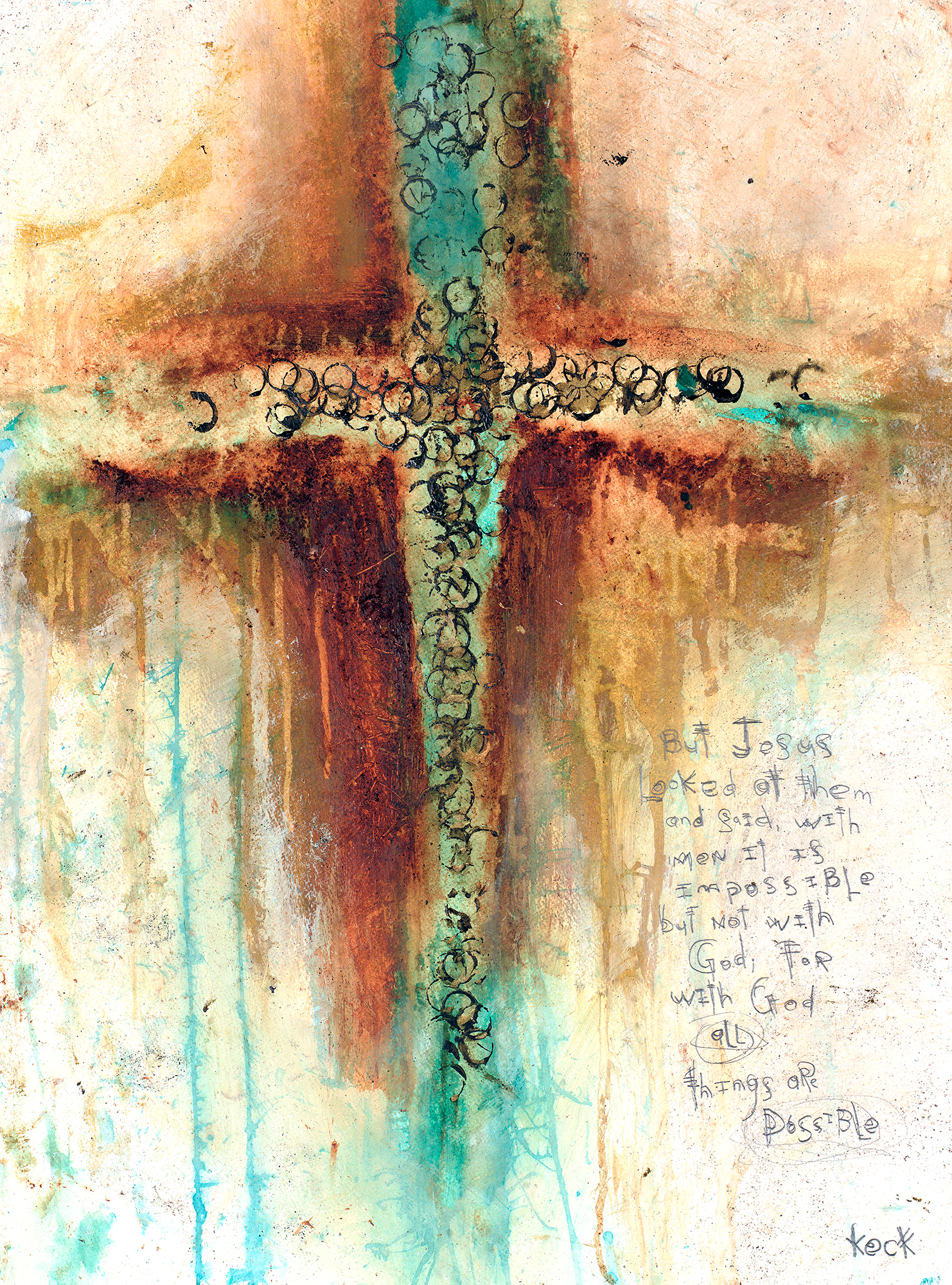 Abstract Cross Art Prints with scripture and without scripture.  Huge selection of Michel Keck's organic and raw abstract art cross paintings turned into canvas art prints in huge variety of sizes.