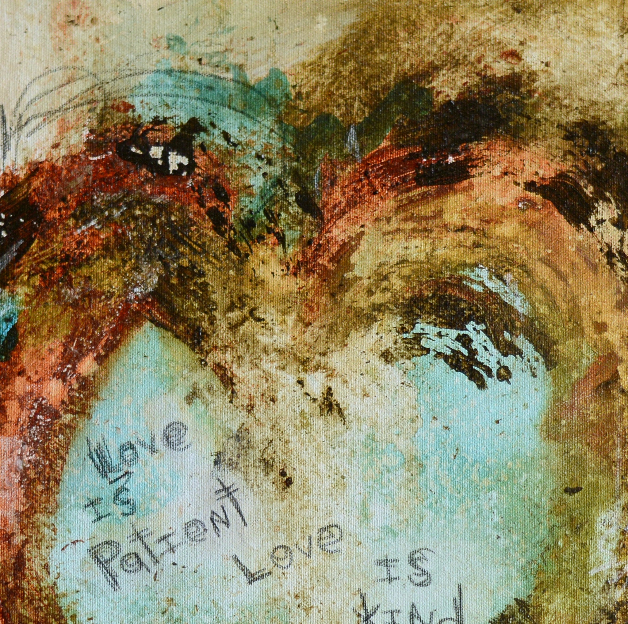 Michel Keck's popular, organic and raw, abstract heart paintings with embedded scripture.  Kecks abstract heart art prints on canvas.