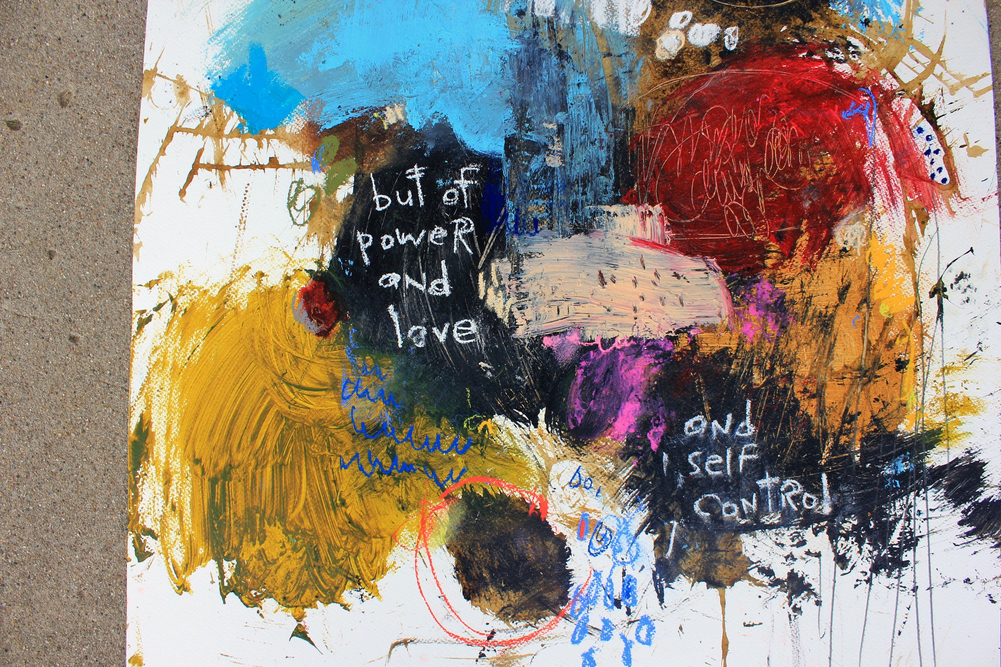 Abstract art with embedded scripture by mixed media artist Michel Keck. 