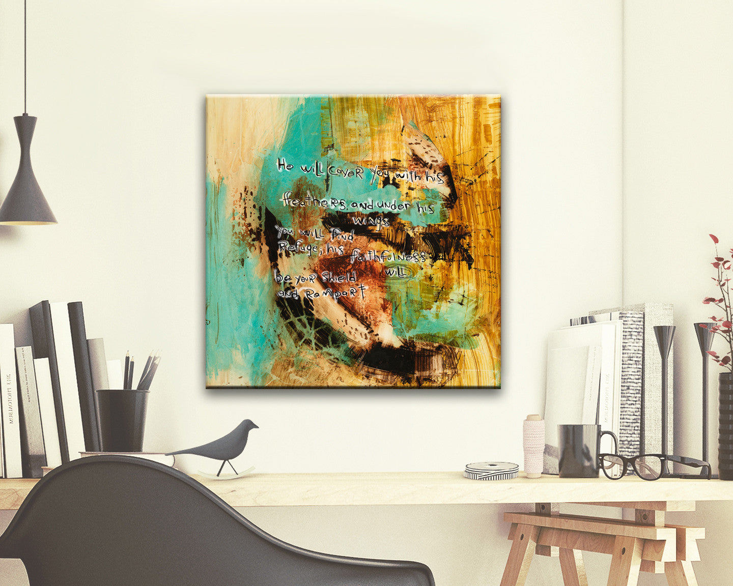 abstract scripture art prints by michel keck. he will cover you with his feathers and under his wings