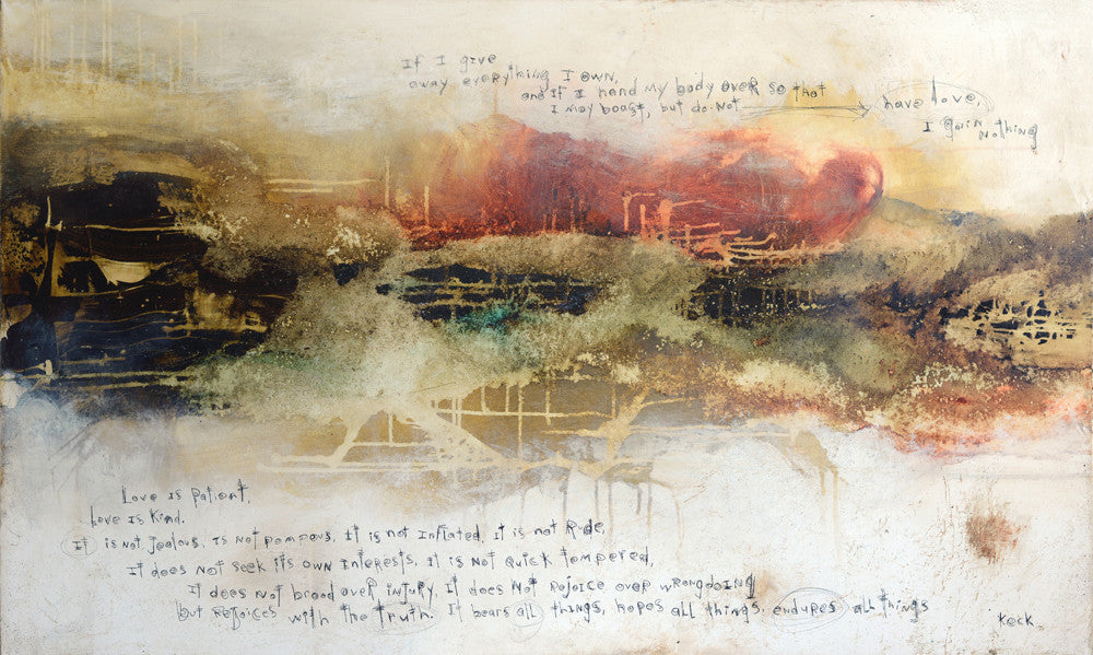 Christian Artist Michel Keck has been scrawling scripture into her raw and organic abstract paintings for over two decades.  Buy her scripture abstract art prints direct.