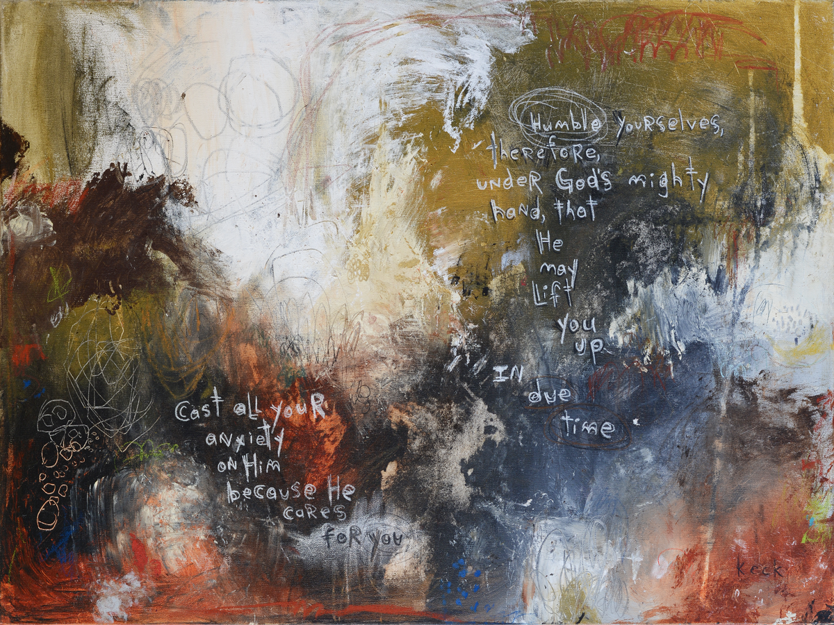 Michel Keck abstract scripture art prints on canvas.  Cast all your anxiety on Him because He cares for you.