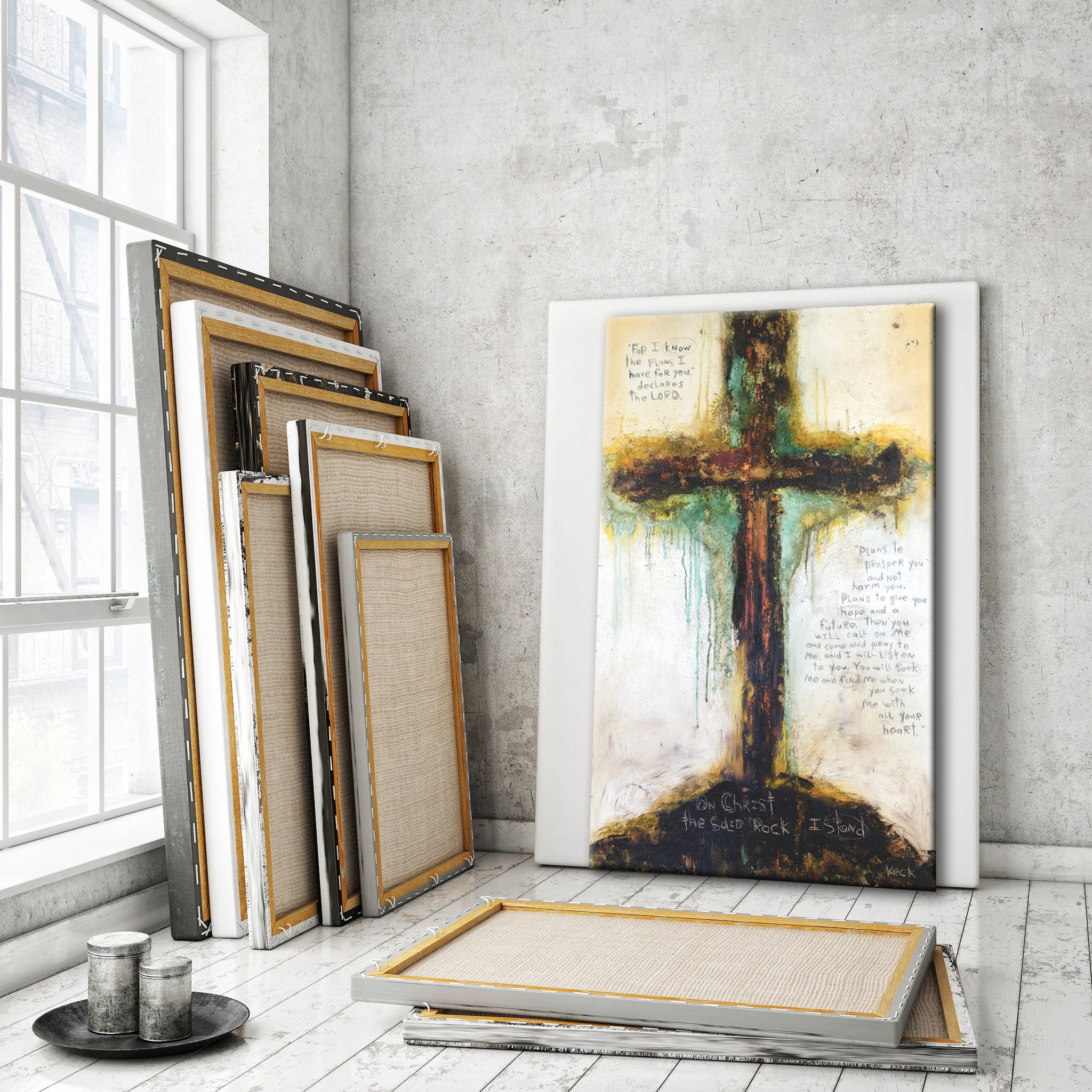Beautiful abstract art print of cross with scripture: For I know the plans I have for you declares the Lord.