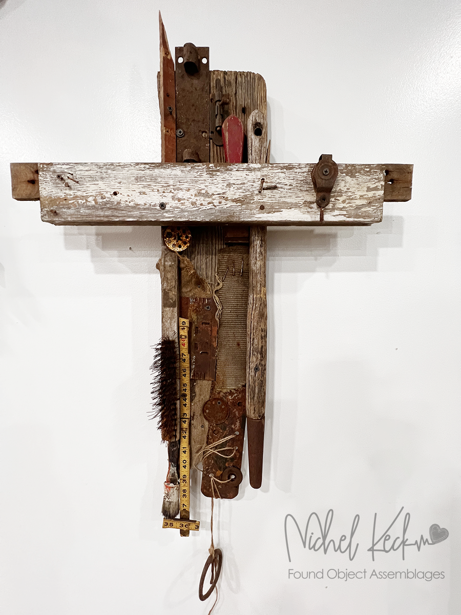 CROSS ART | One of a kind cross art assemblages created from found objects, reclaimed woods and metals .  Michel Keck cross art assemblages. 