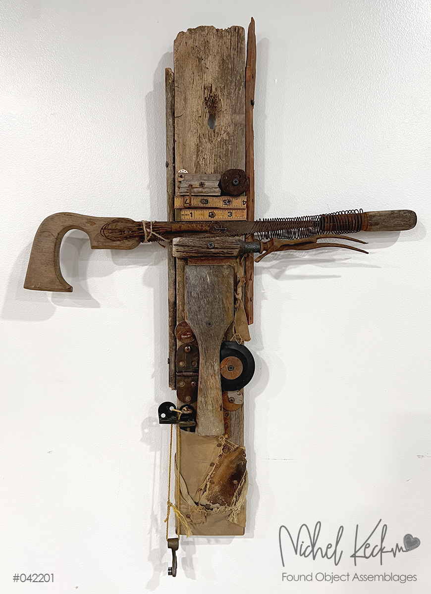 3D cross art assemblages.  Mixed media artist Michel Keck creates one of a kind crosses from found objects.  Recycled junk to beautiful cross art assemblages.