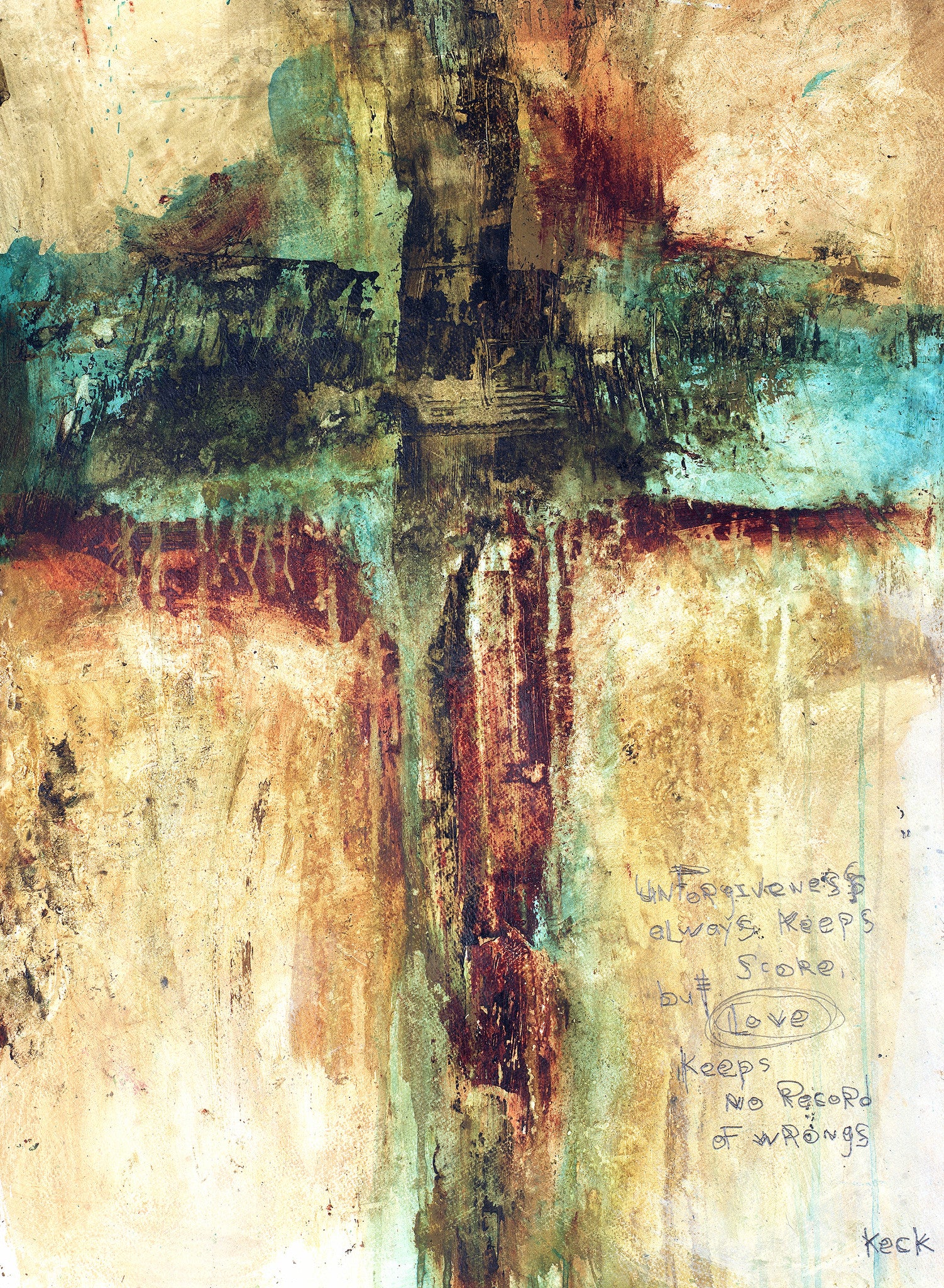 Organic, flowing modern abstract art prints of crosses with embedded scripture by 'the cross artist' michel keck.