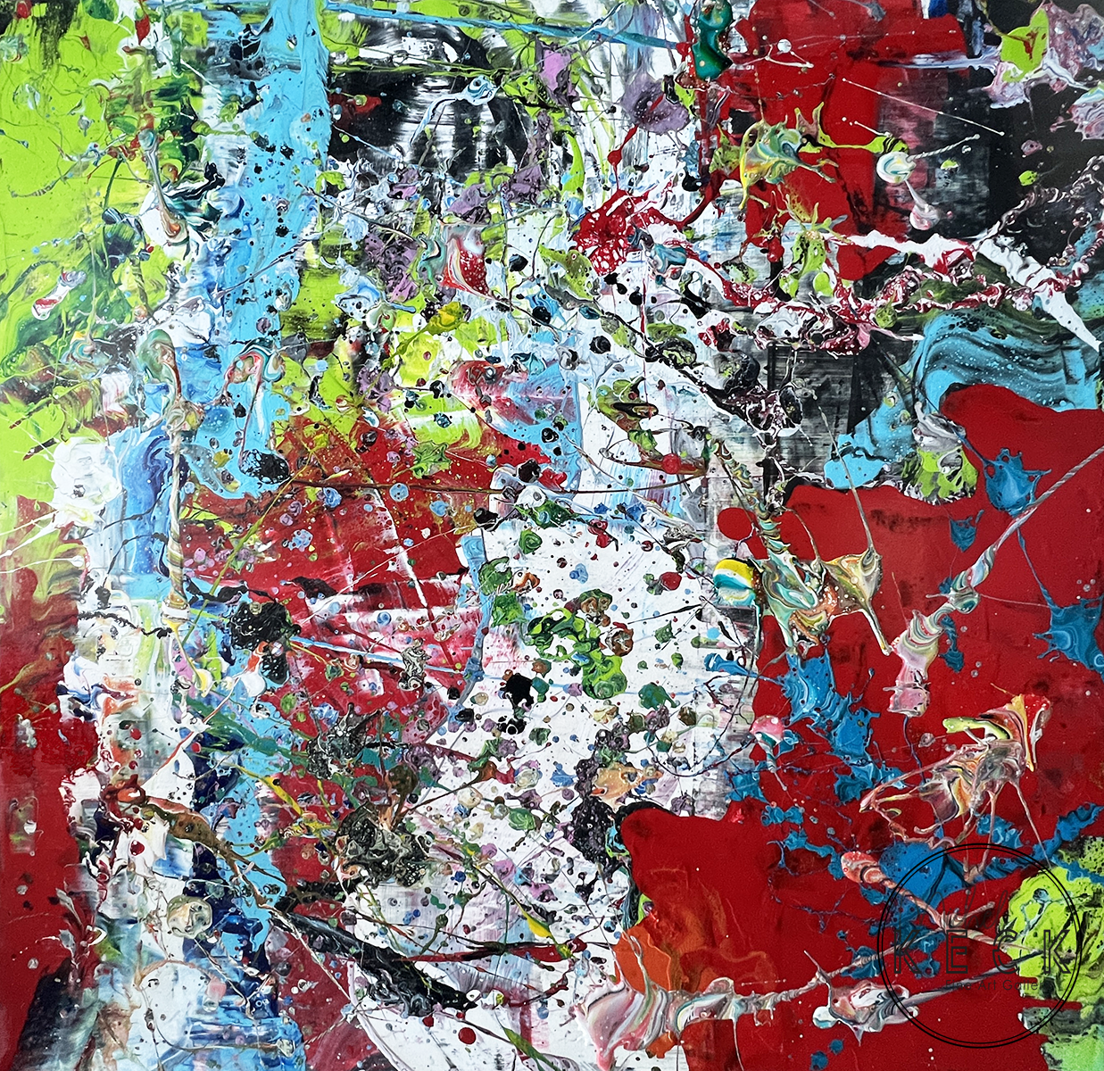 fluid acrylic abstract art, energy paintings of michel keck.  big bold colorful abstract art
