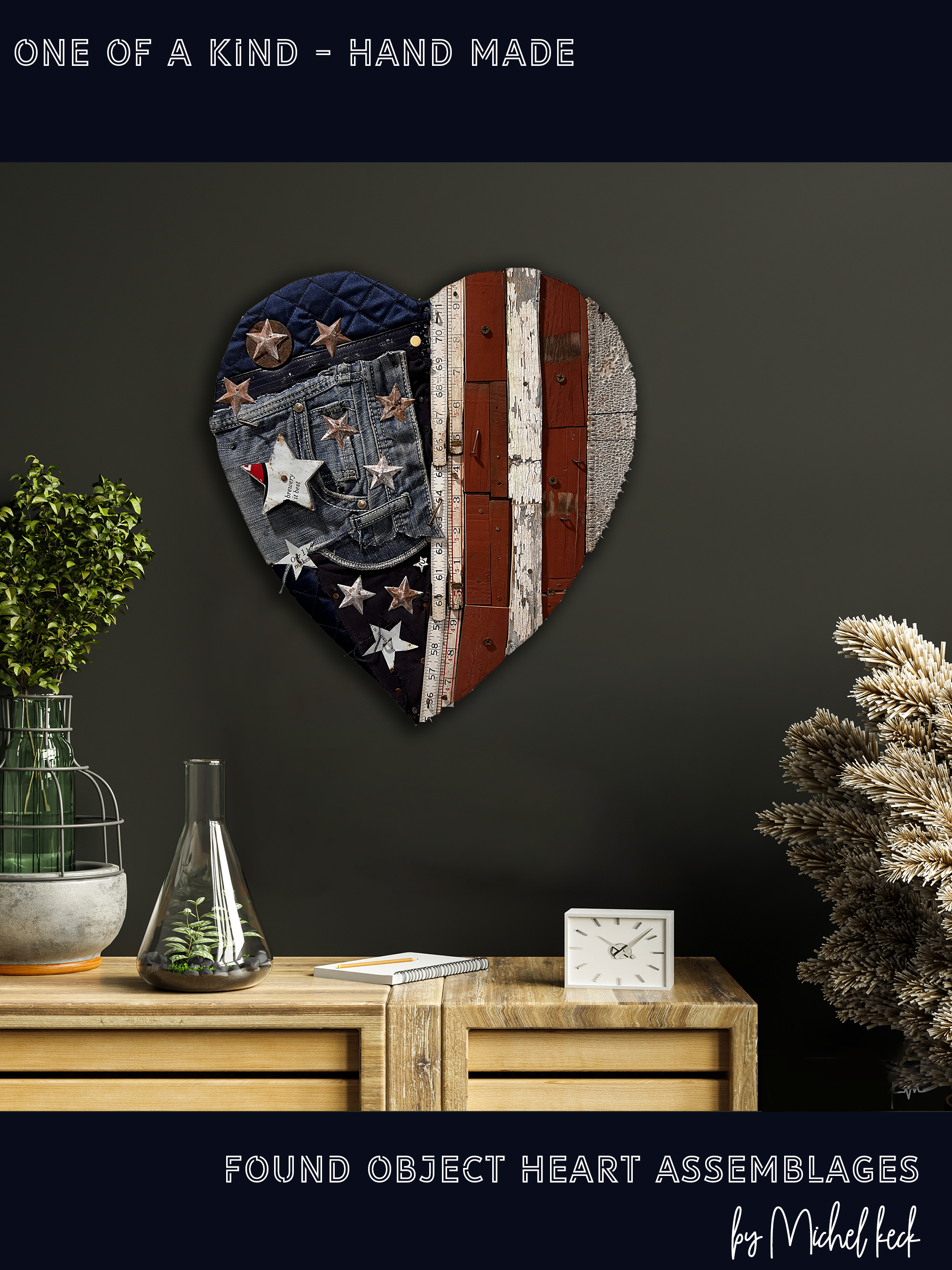 Heart Assemblage <br>Found Object Art  <br>American Flag Heart Assemblage #9