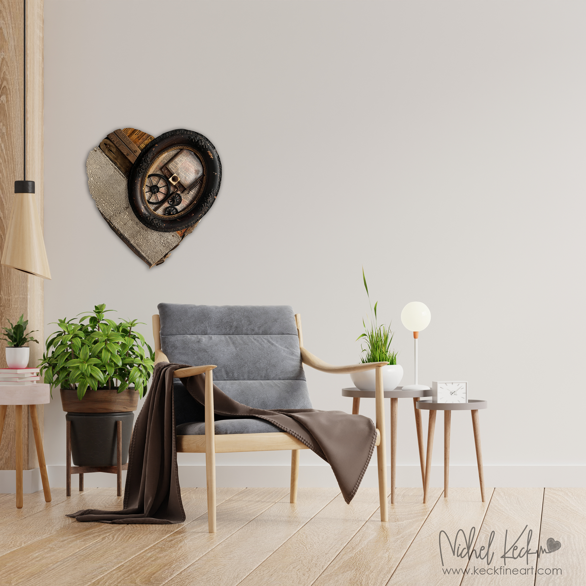 The heart assemblage art of mixed media artist Michel Keck.  Keck creates heart art assemblages from small to wall size made from discarded found objects, and junk