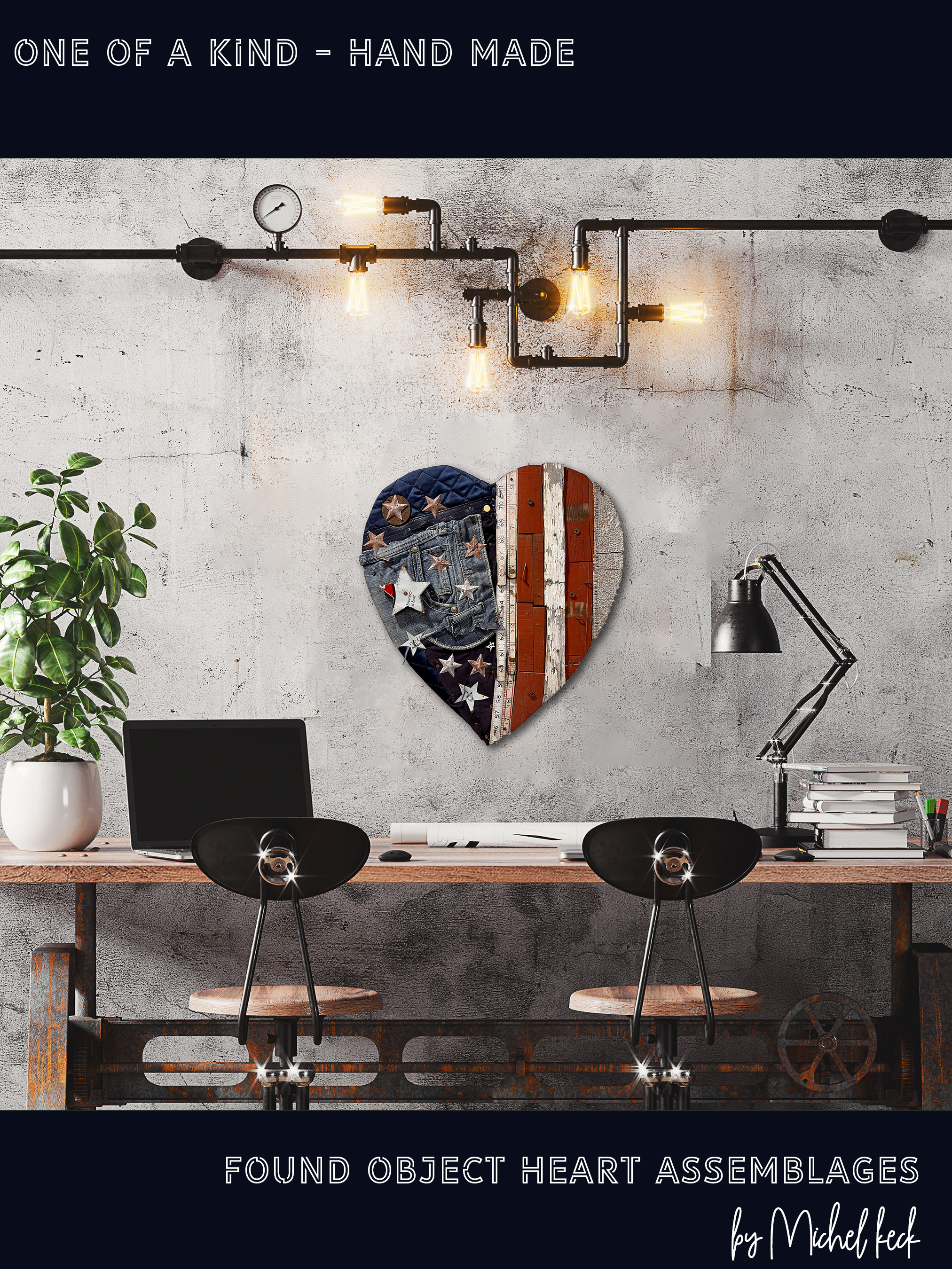 Gallery of found object heart art assemblages by artist Michel Keck.