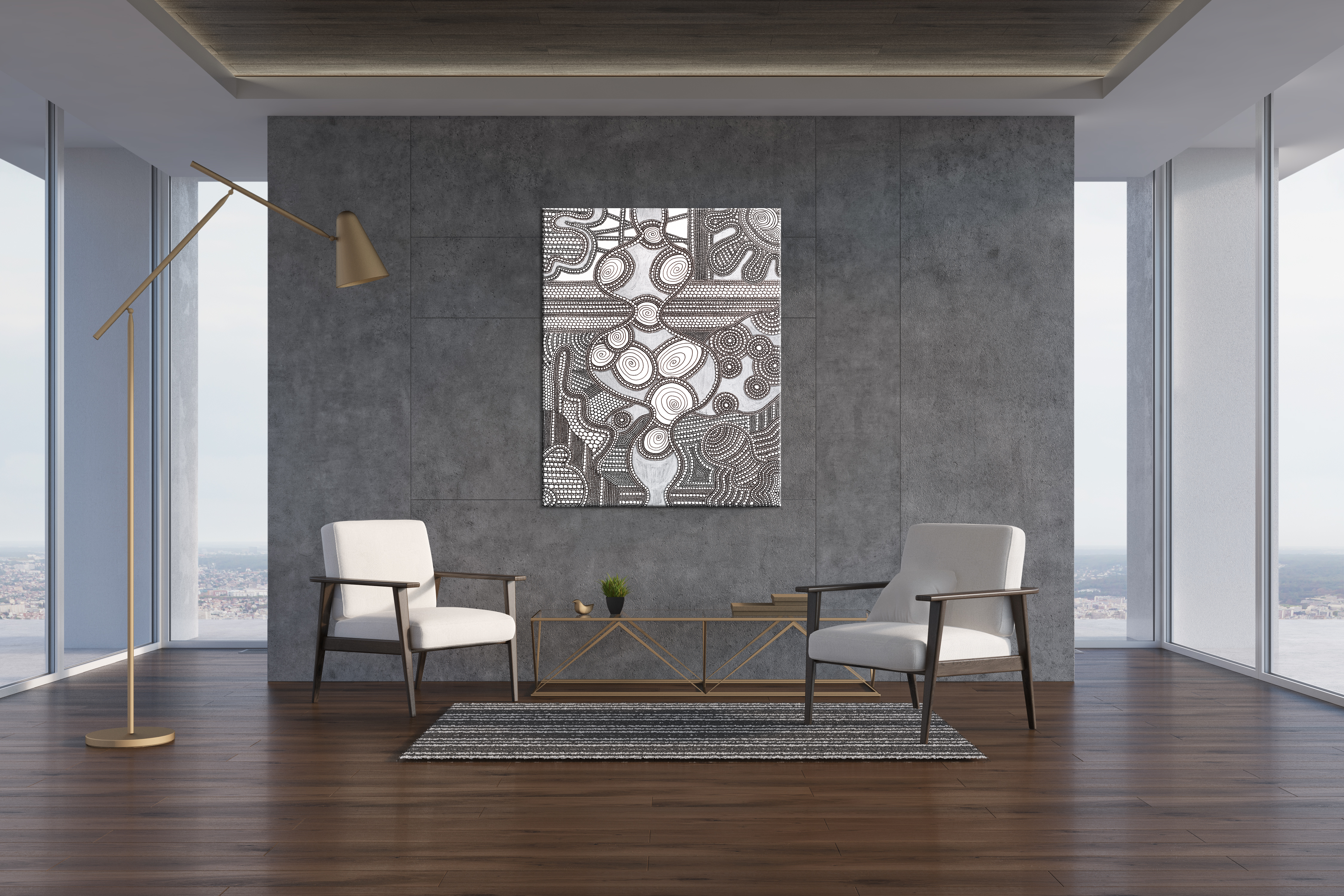 Black & White Art<br>Abstract Canvas Print<br>of Circle Drawing #82