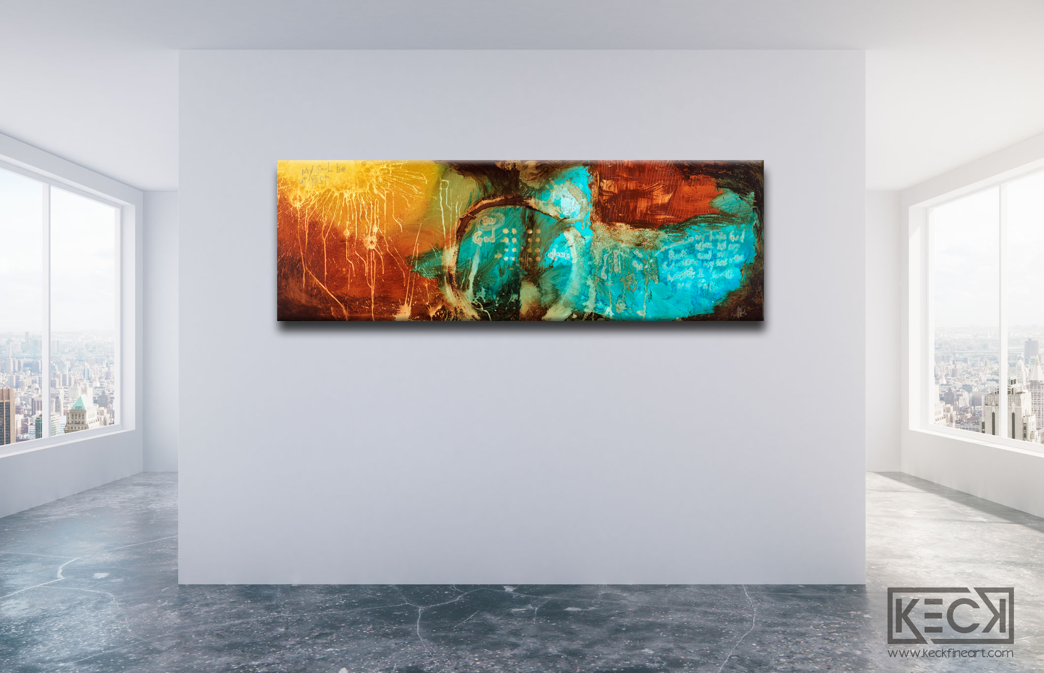 Large scale modern religious art with scripture by Michel Keck.