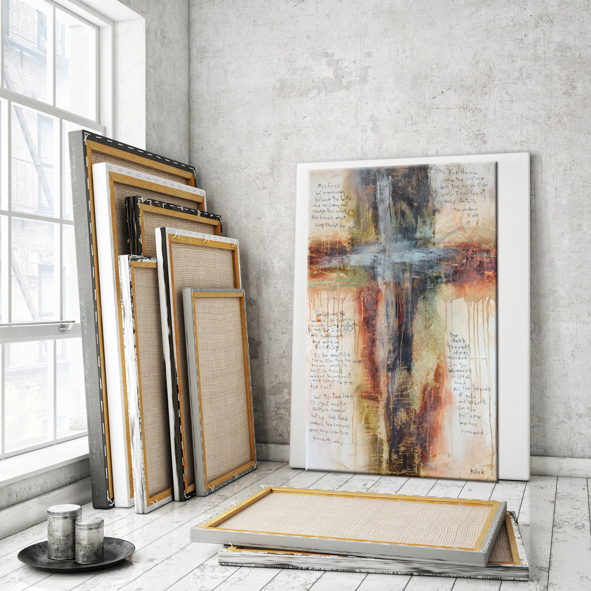 Keck's abstract cross art print with beautifully interwoven Master Weaver Prayer on a canvas art print. 