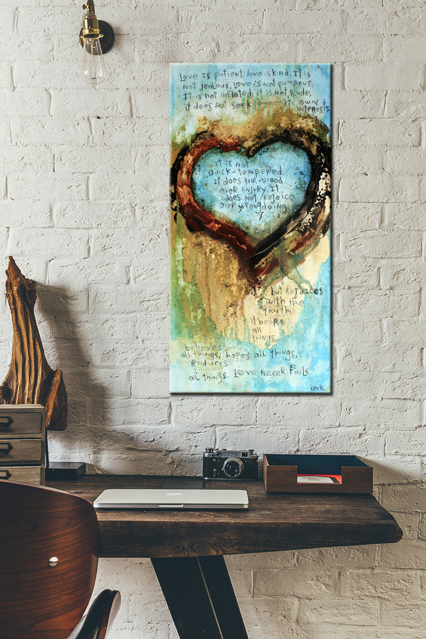heart abstract art. scripture art paintings with love never fails.  abstract corinthians 13 art prints in heart art by Keck.