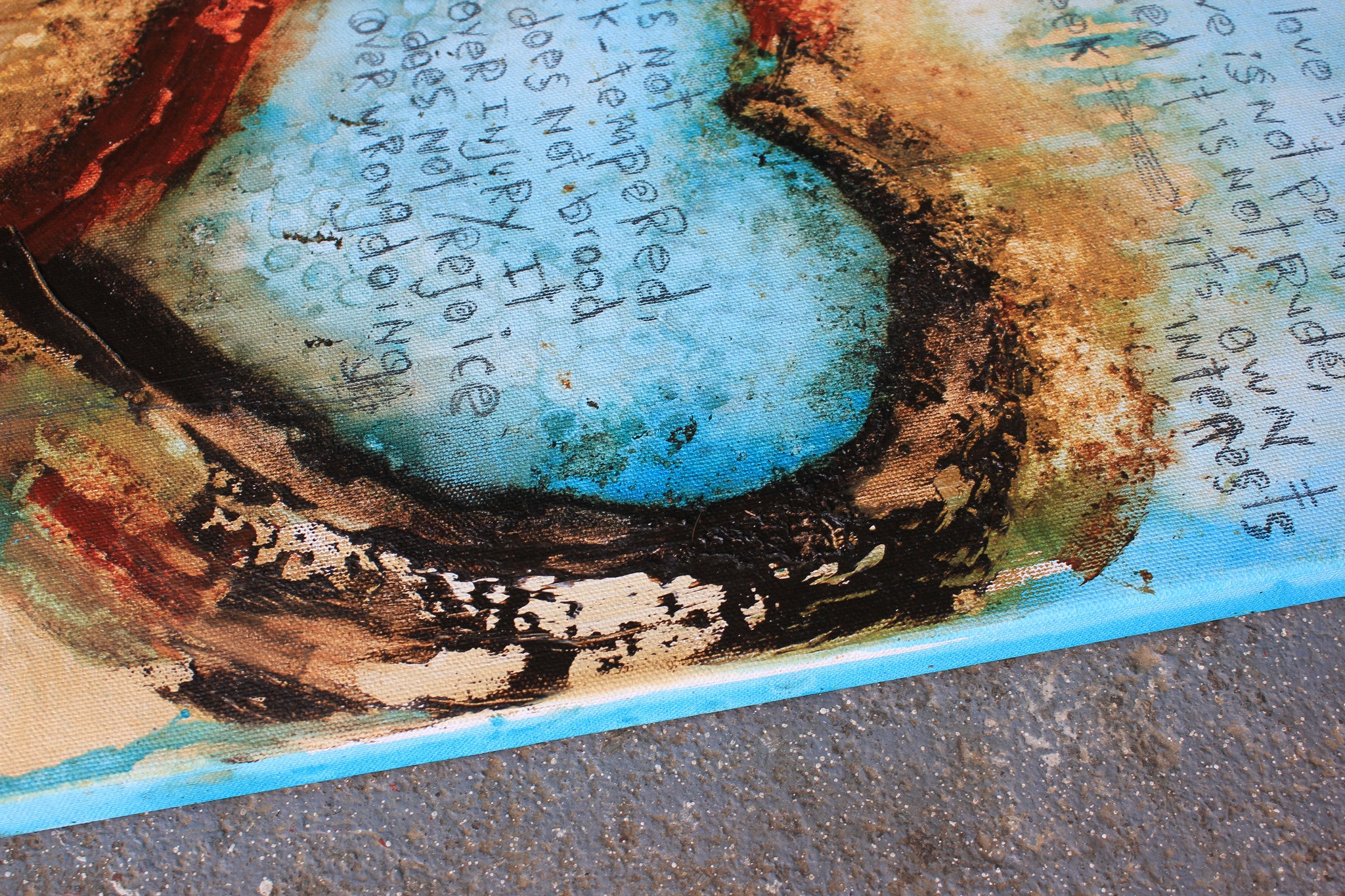 raw & organic abstract heart paintings embedded with scrawled scripture of Corinthians - LOVE NEVER FAILS.