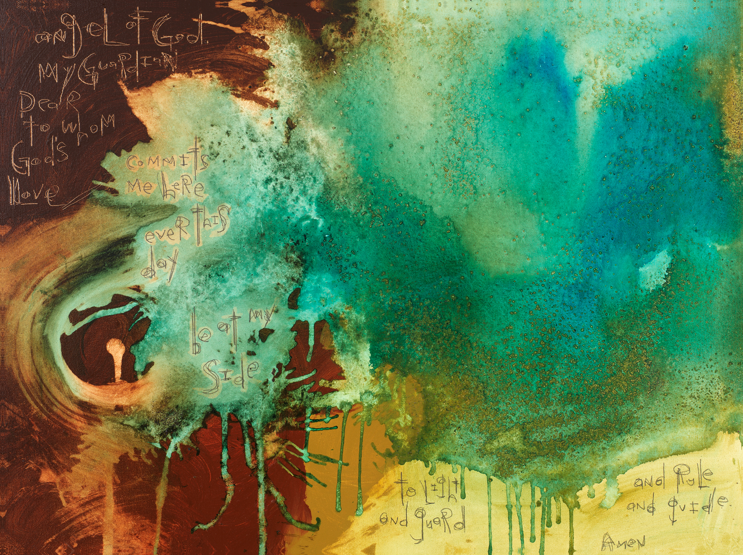 Angel of God my Guardian Dear to whom Gods love commits me here ever this dady be at my side to light and guard and rule and guide abstract art print on canvas.
