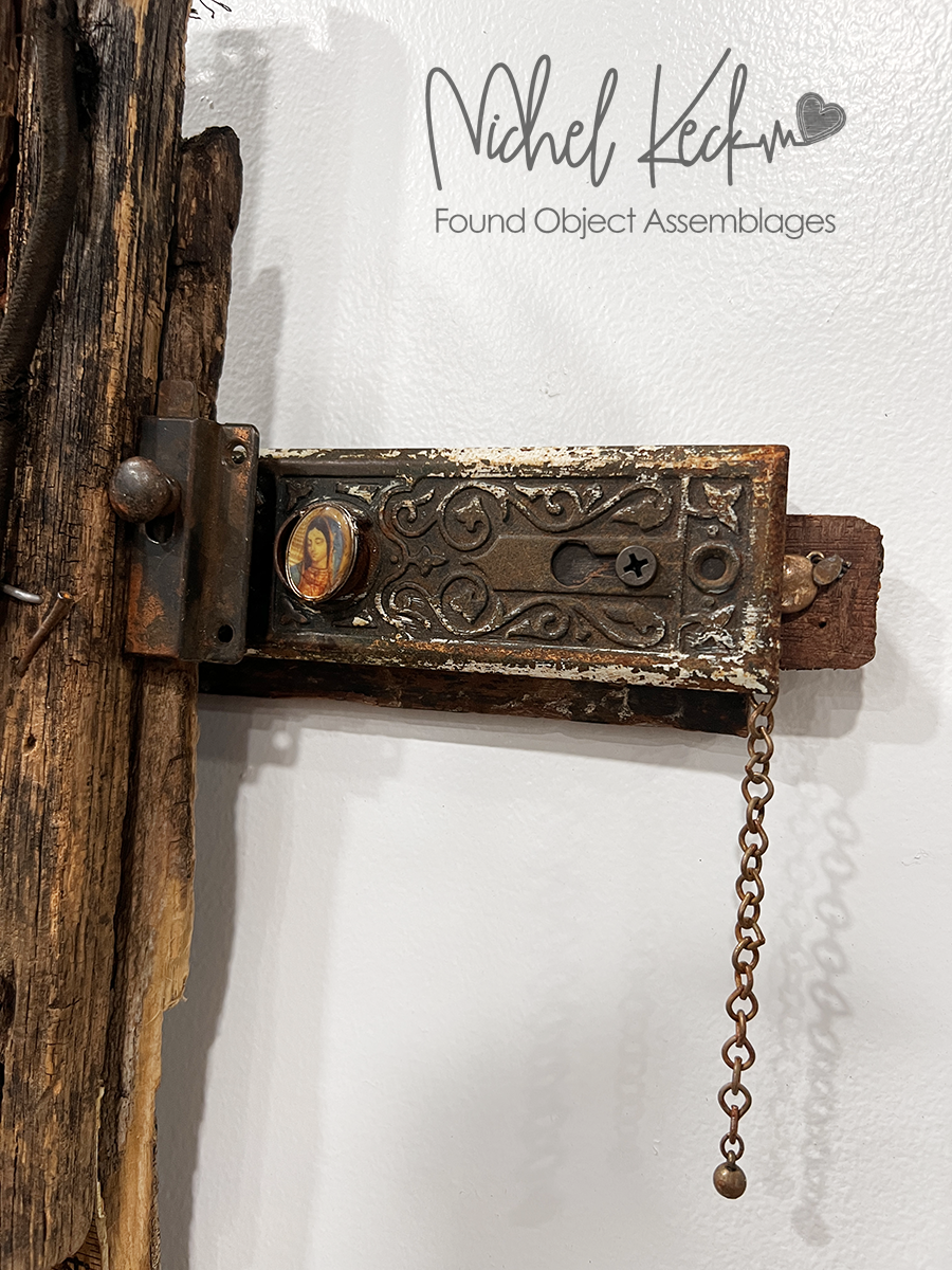 Cross Art Assemblages created from recycled and discarded items and found objects by Indiana artist Michel Keck. 