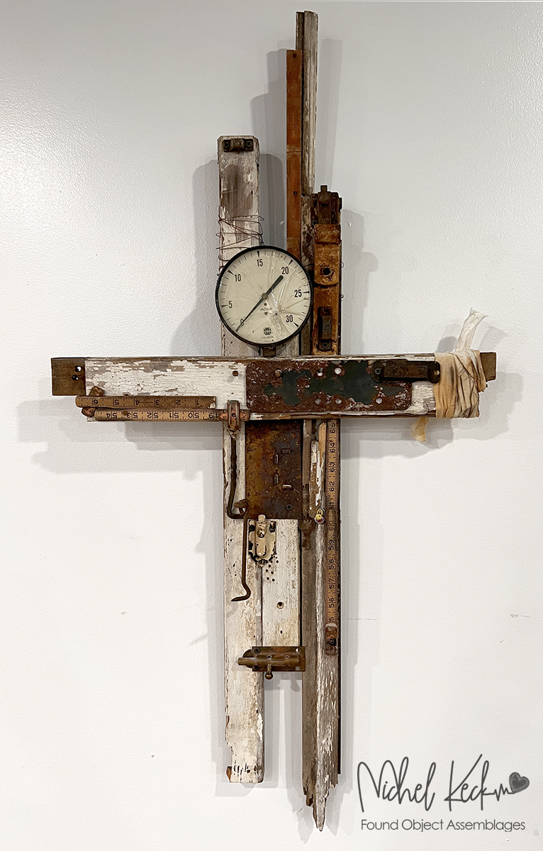 Cross Art Assemblages made from junk and found objects. 3 dimensional wall art crosses of Michel Keck made from discarded items and found objects. 