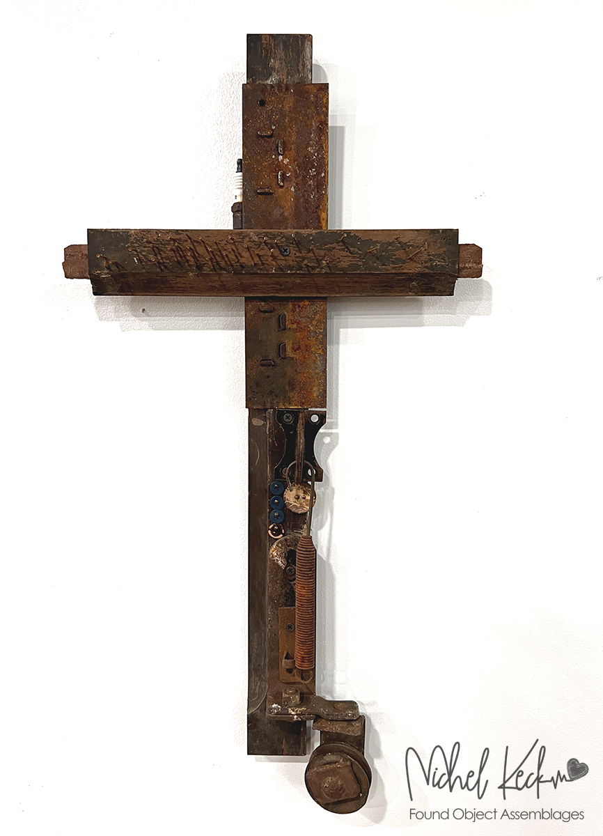 The one of a kind cross art assemblages of artist Michel Keck.  Unique contemporary cross art made with discarded and recycled items and found objects. 