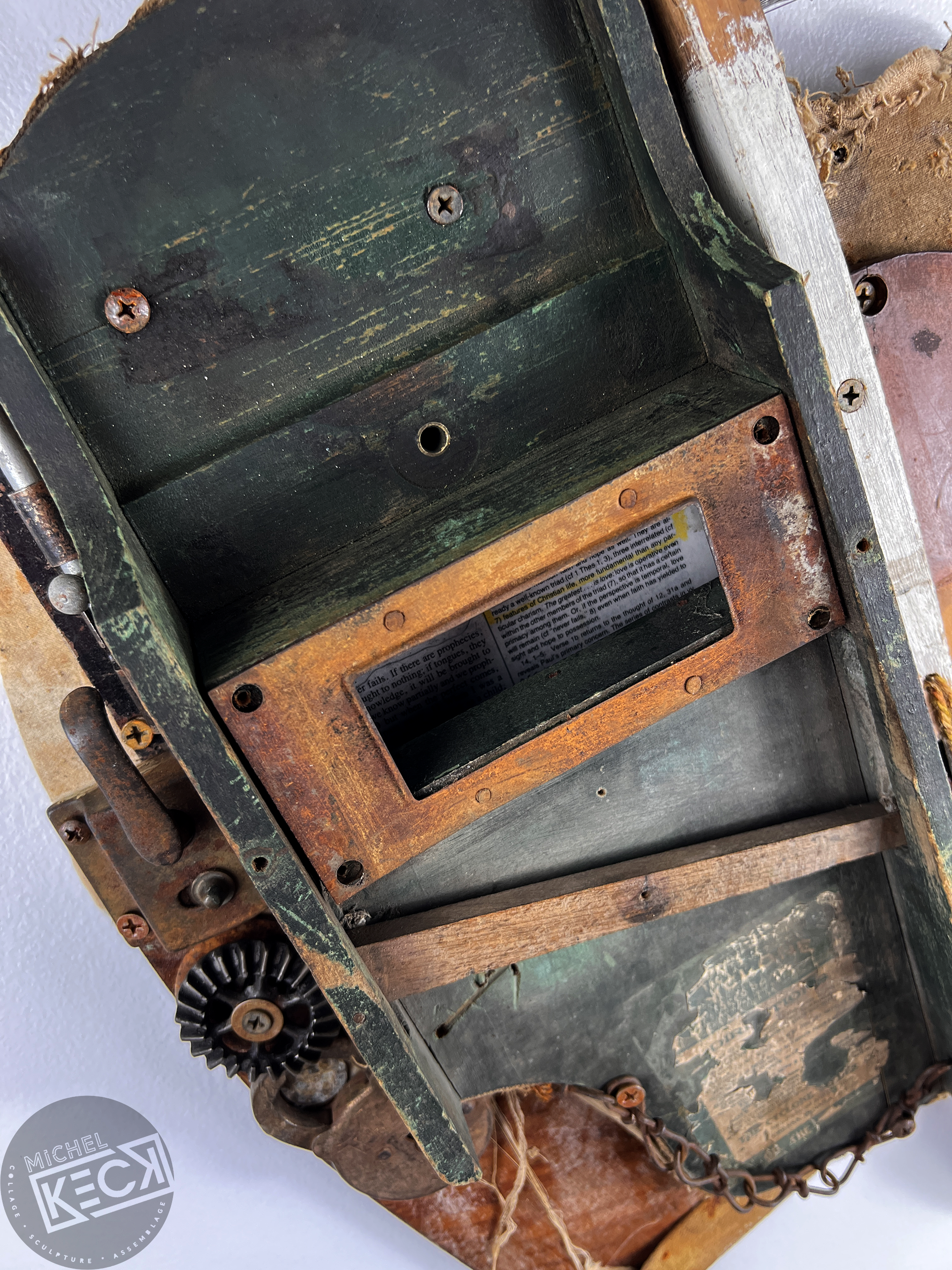 Found object art assemblage in the shape of a heart with 1 Corinthians 13