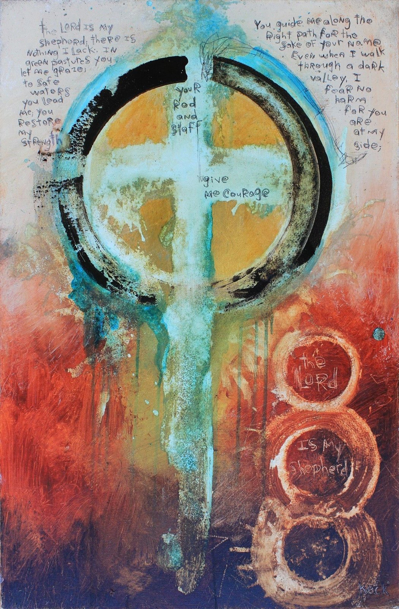 Abstract cross art in earthy raw colors by michel Keck.